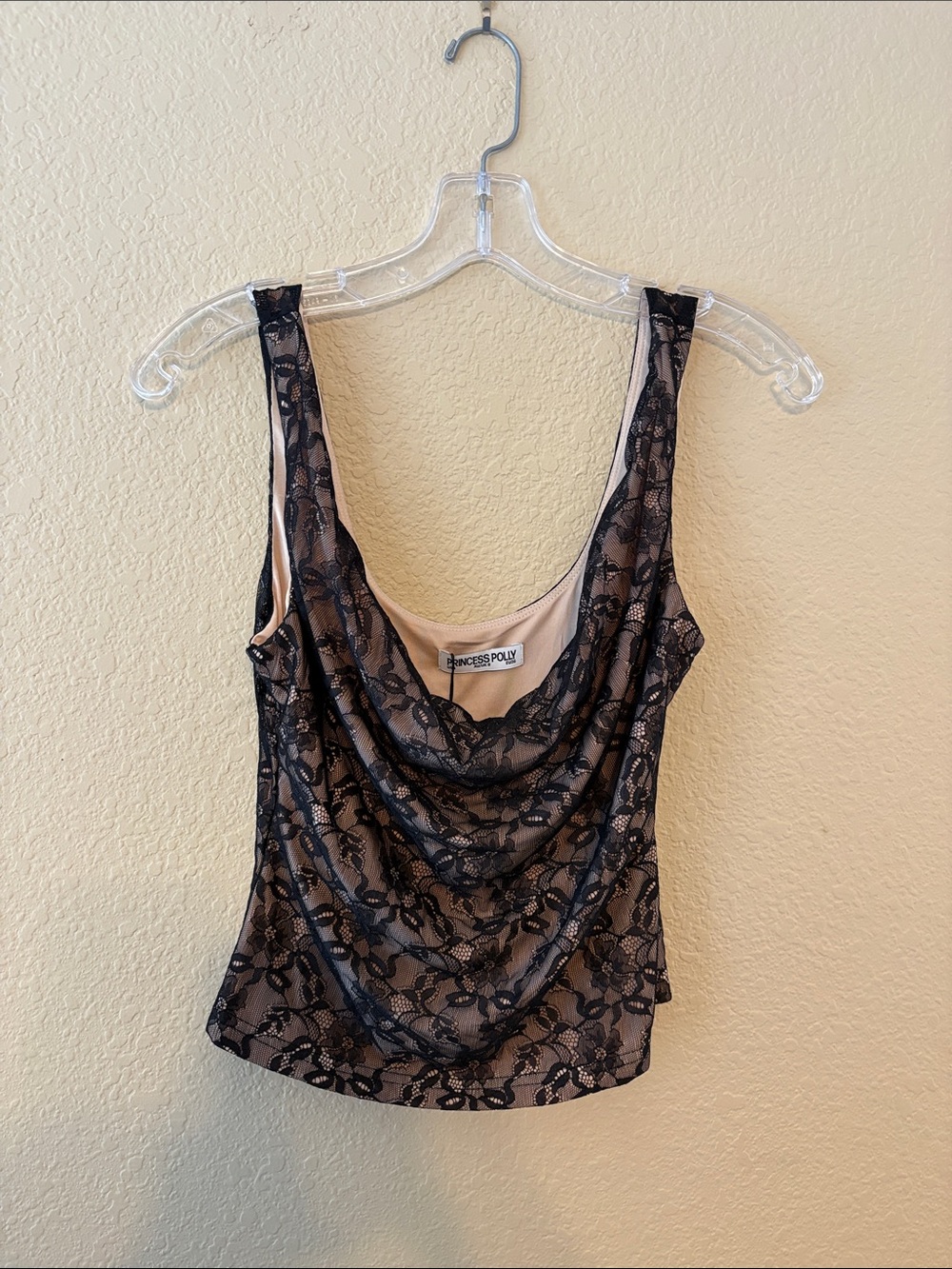 Princess Polly Black Lace Draped Cowl Tank with Nude Lining